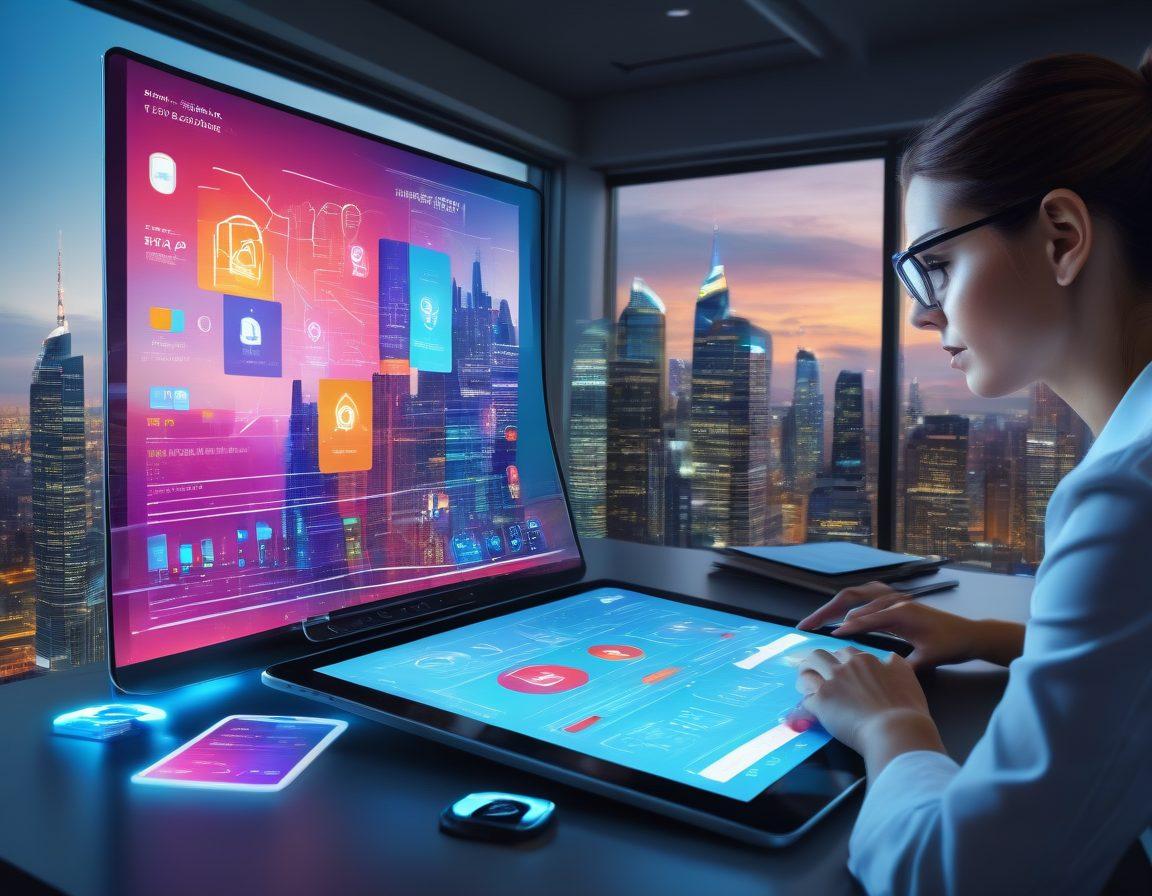A visually engaging scene showing a person navigating a complex digital landscape filled with icons representing various insurance types such as health, auto, and home. In the foreground, they are using a tablet displaying comparative charts and data, while a futuristic city skyline looms in the background. Bright colors and clean lines create a modern feel, encapsulating the theme of digital mastery in insurance selection. vibrant colors. super-realistic. futuristic.