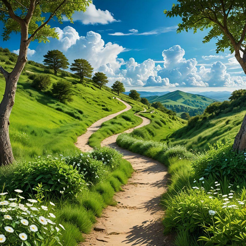 A scenic path winding through a lush green landscape, symbolizing the journey to financial savings. Along the path, various digital icons representing online insurance policies hover above, such as shields, piggy banks, and check marks. The background features a bright sky with soft clouds, symbolizing hope and security. The overall atmosphere is inviting and optimistic, encouraging exploration and discovery. vibrant colors. super-realistic.
