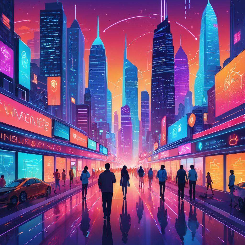 A vibrant digital landscape featuring a diverse group of people confidently navigating their way through an array of icons representing various insurance options like health, auto, and home. Show a futuristic city skyline in the background with glowing signs that symbolize affordability and coverage. Include visual elements like pathways made of binary code and a compass to symbolize guidance. Bright colors to enhance optimism and empowerment. vector art. vibrant colors.